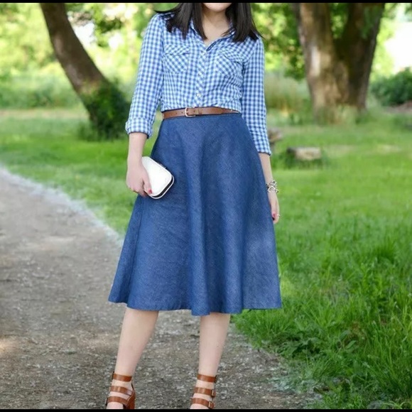 Zara denim chambray midi a-line full skirt L - Picture 8 of 8